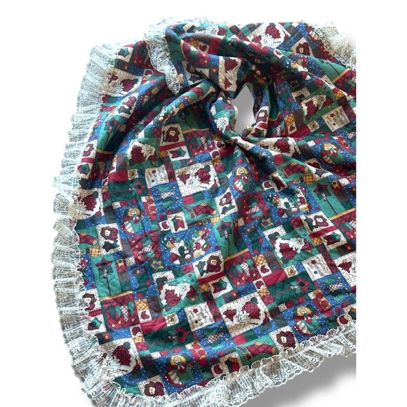 Vintage Patchwork Christmas Tree Skirt Lace Trim Country Primitive Decor - Picture 8 of 16